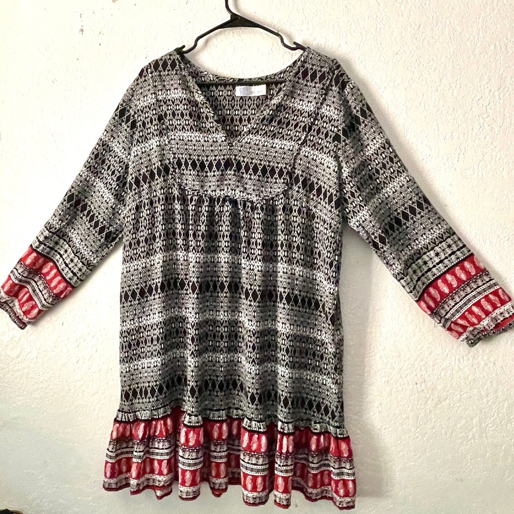 Time and True Boho Geometric Print Long sleeve Ruffle Trim Dress SZ XXL